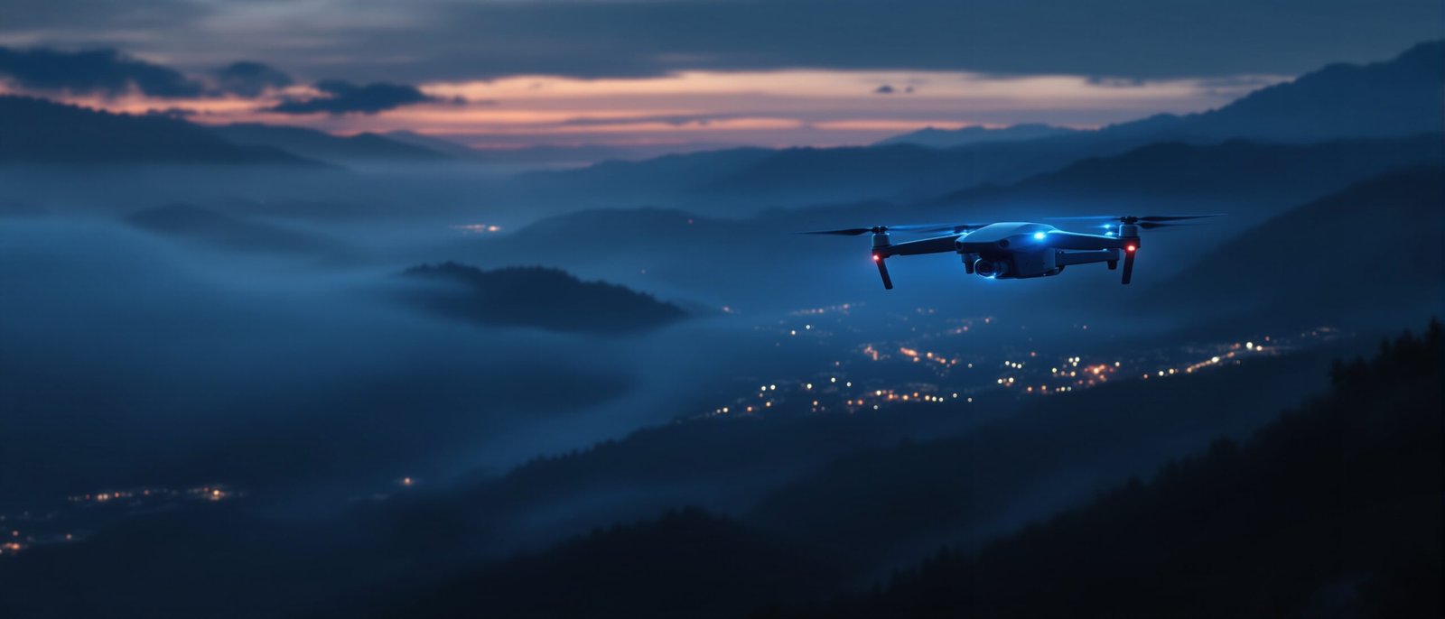 Industrial multirotor drone hovering over a misty valley at dusk